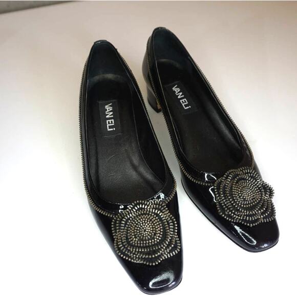 Van Eli Zipper Rose Black Patent Leather Heels 8 - Picture 1 of 6